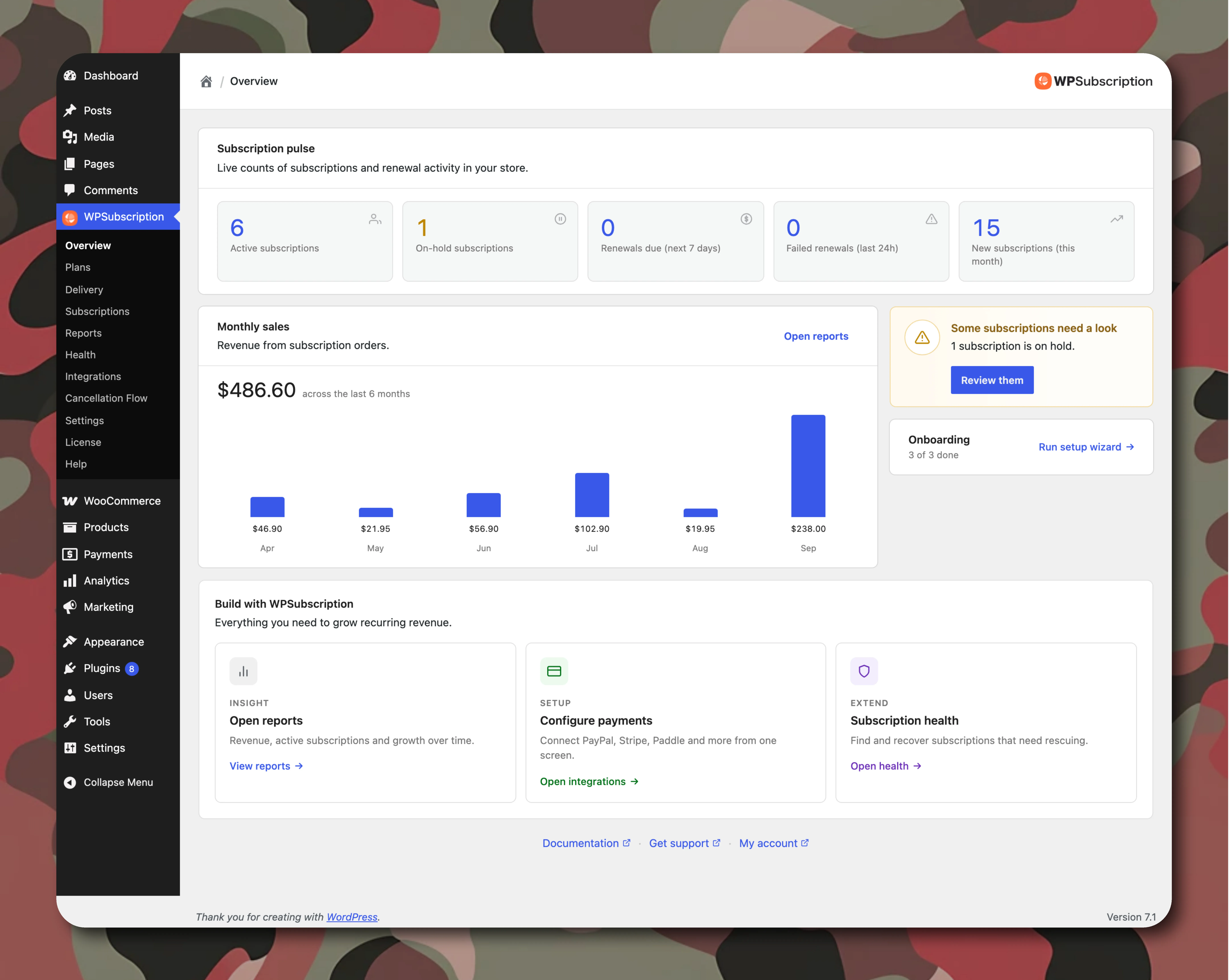 WPSubscription real-time overview dashboard and metrics