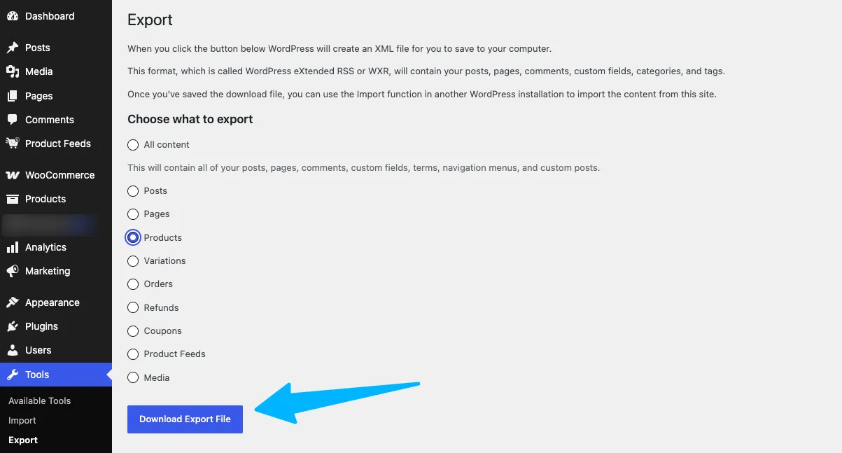 Download XML export file from WordPress