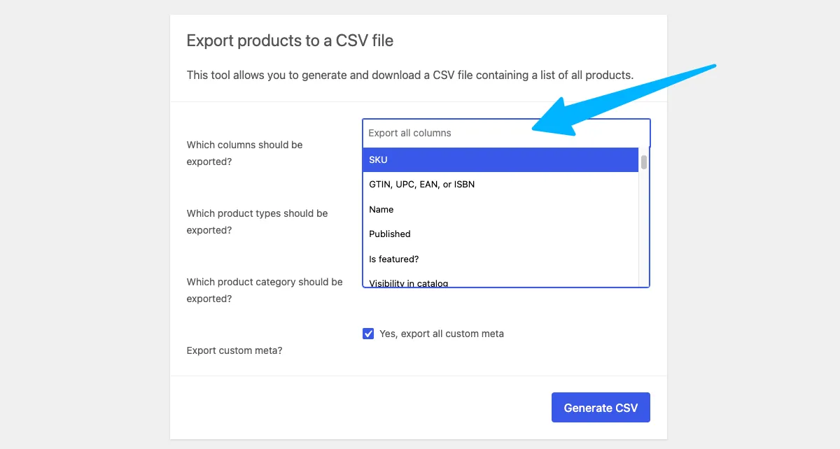 WooCommerce export columns selection screen