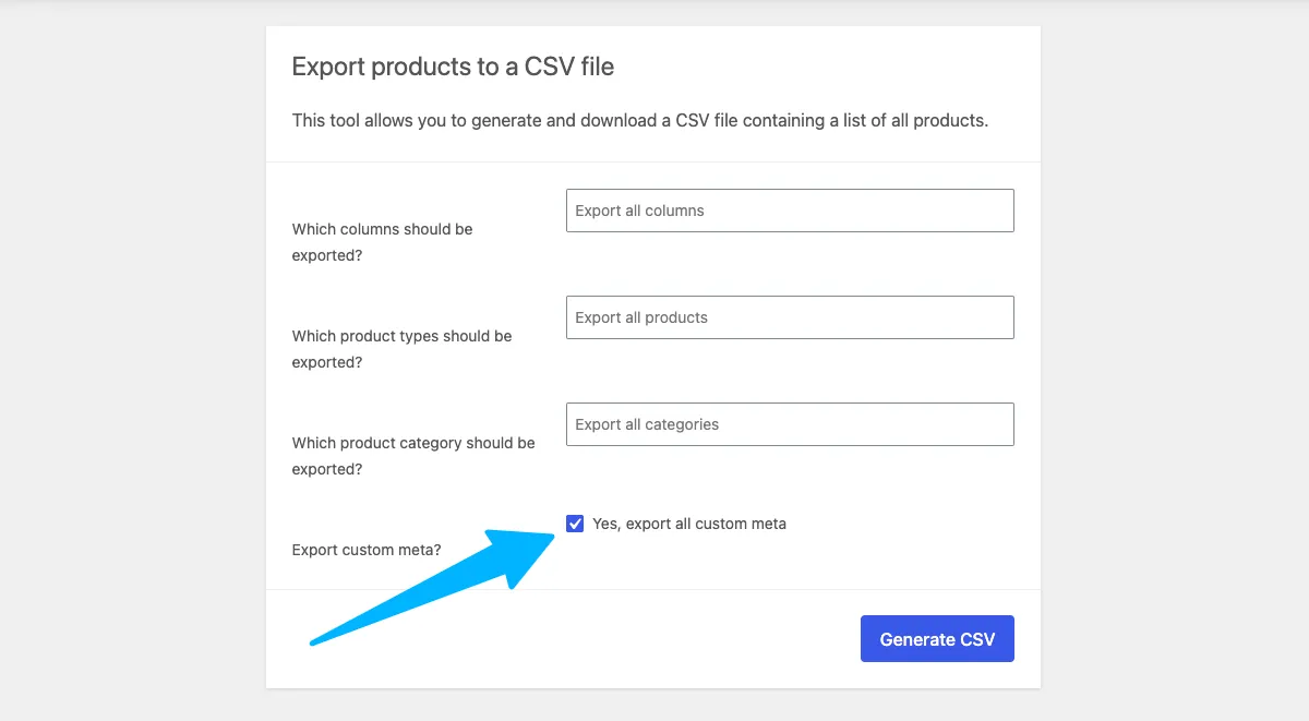 Export custom metadata option in WooCommerce