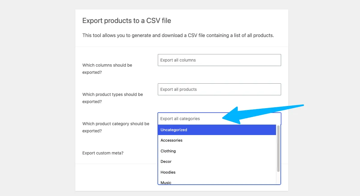 WooCommerce product category selection for export