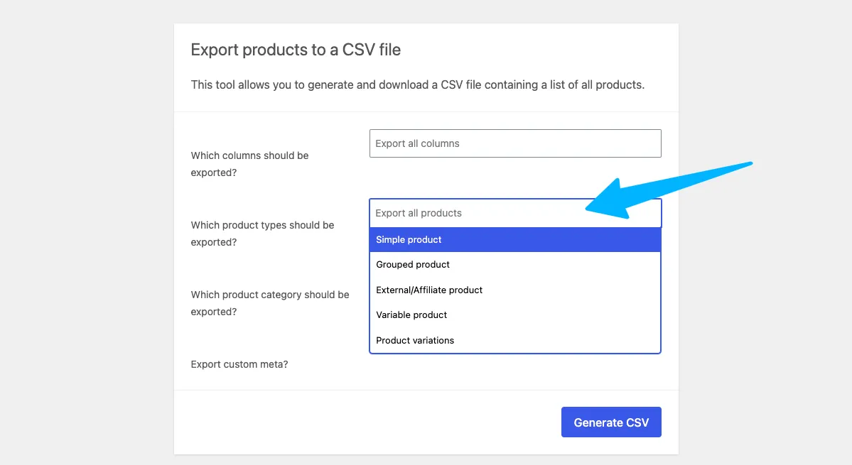 WooCommerce product types selection for export