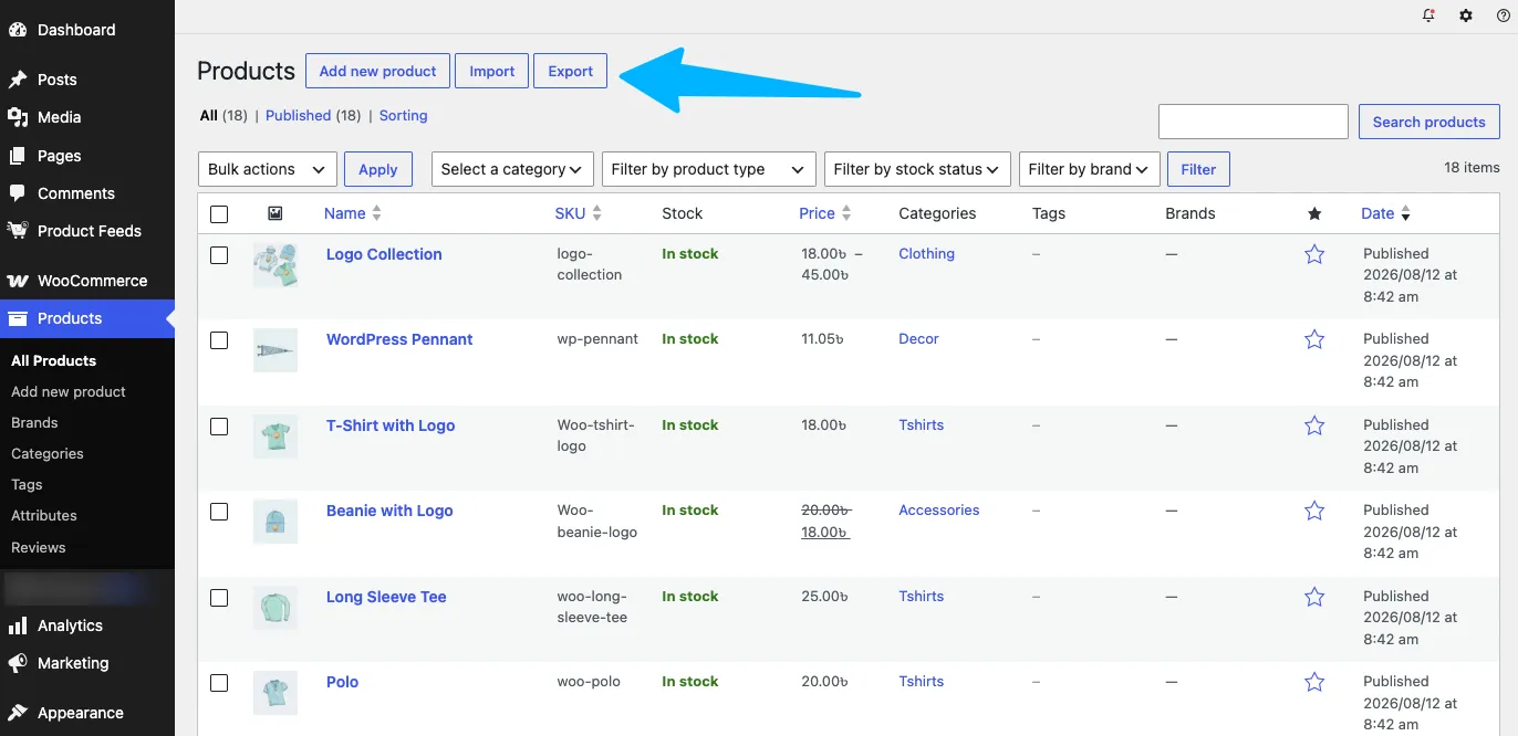 Import and Export button above the product list