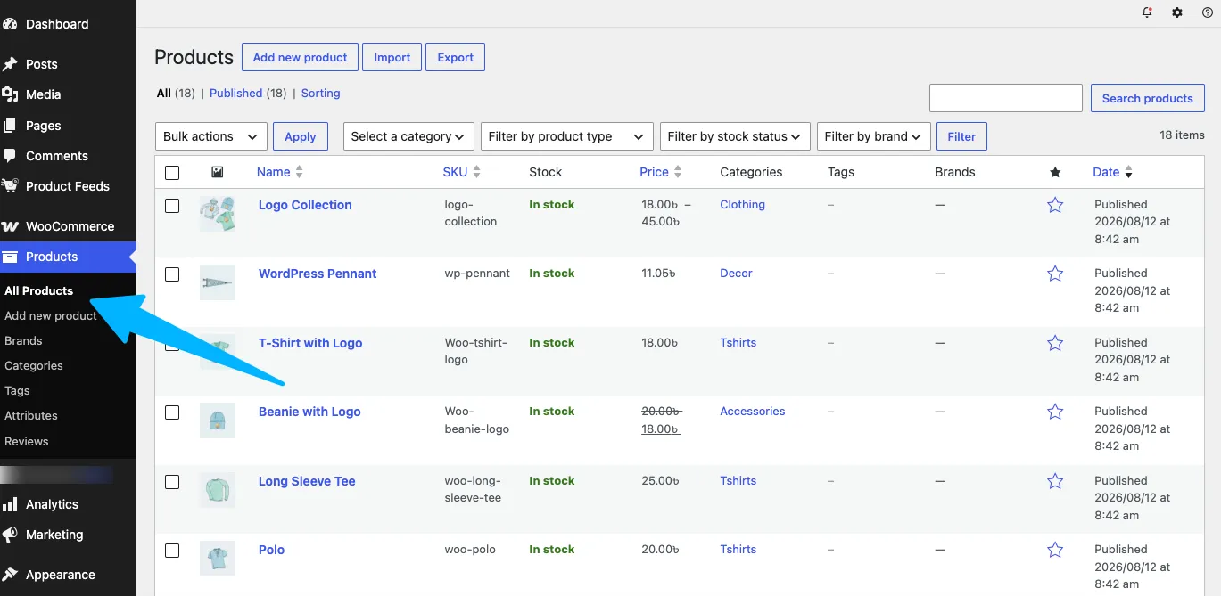 Navigate to Products > All Products in WordPress dashboard