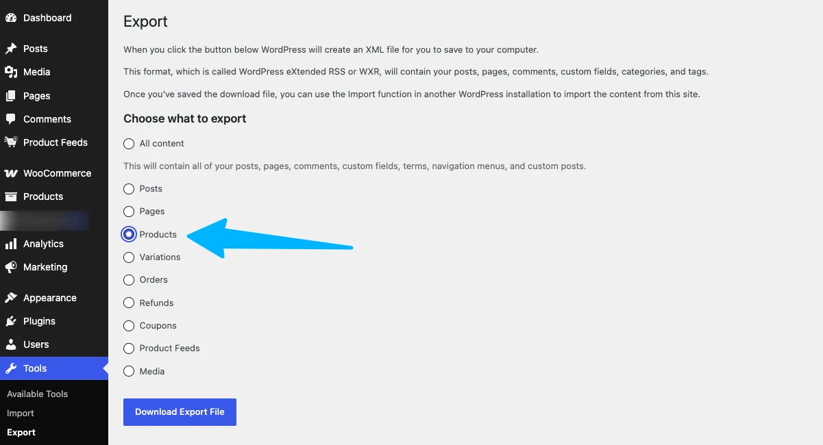 Select Products for XML export in WordPress