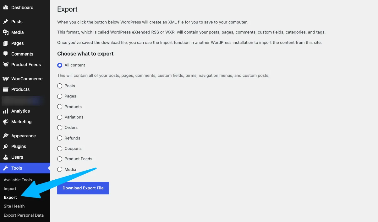 WordPress Tools > Export page