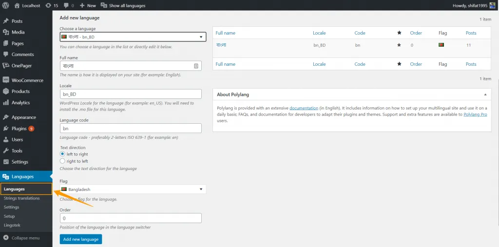 Languages ‹ Localhost — WordPress 1 1 1024x507