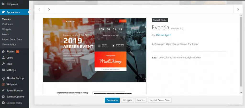 Manage Themes ‹ Eventia — WordPress 1024x452