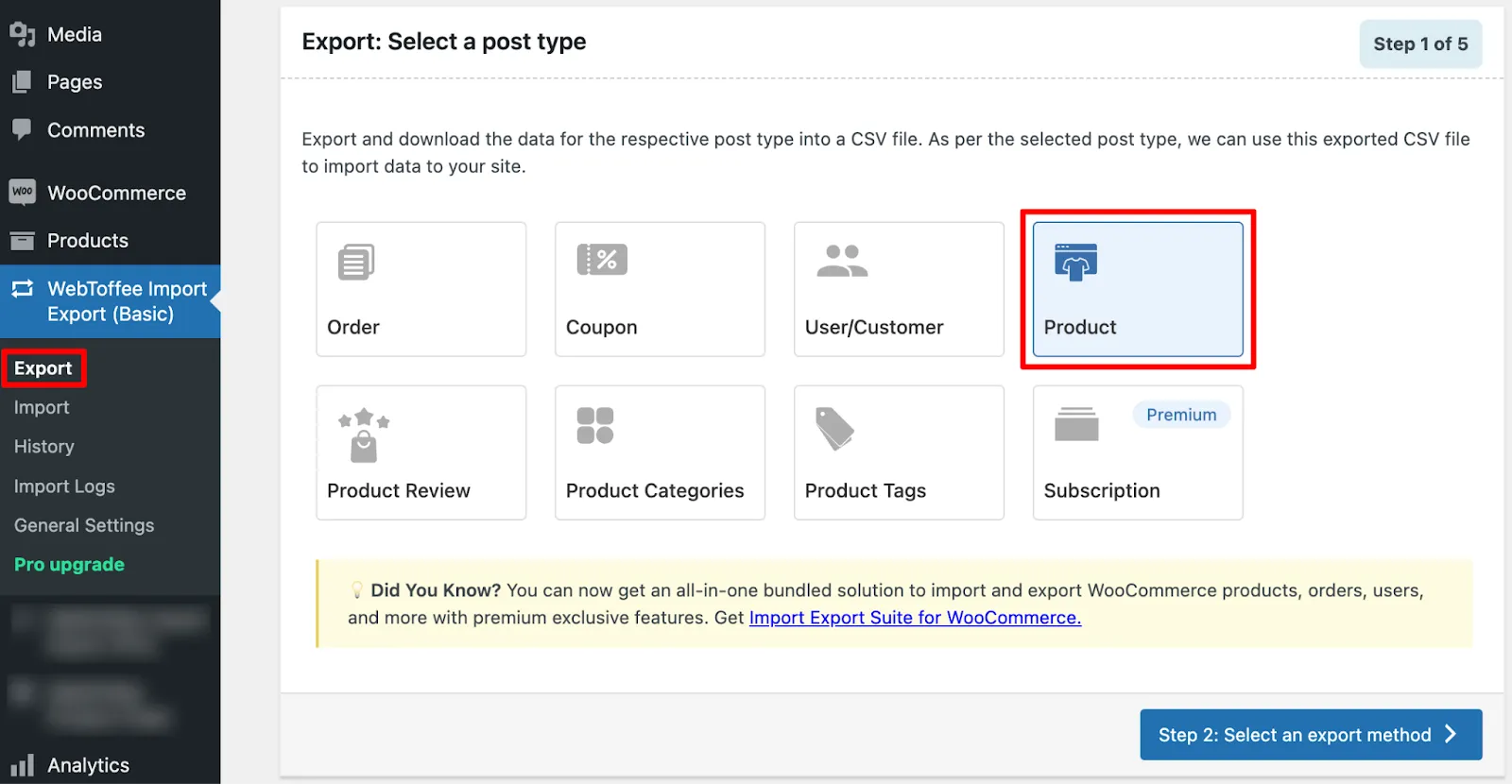 Selecting Product as the post type on the WebToffee Export screen