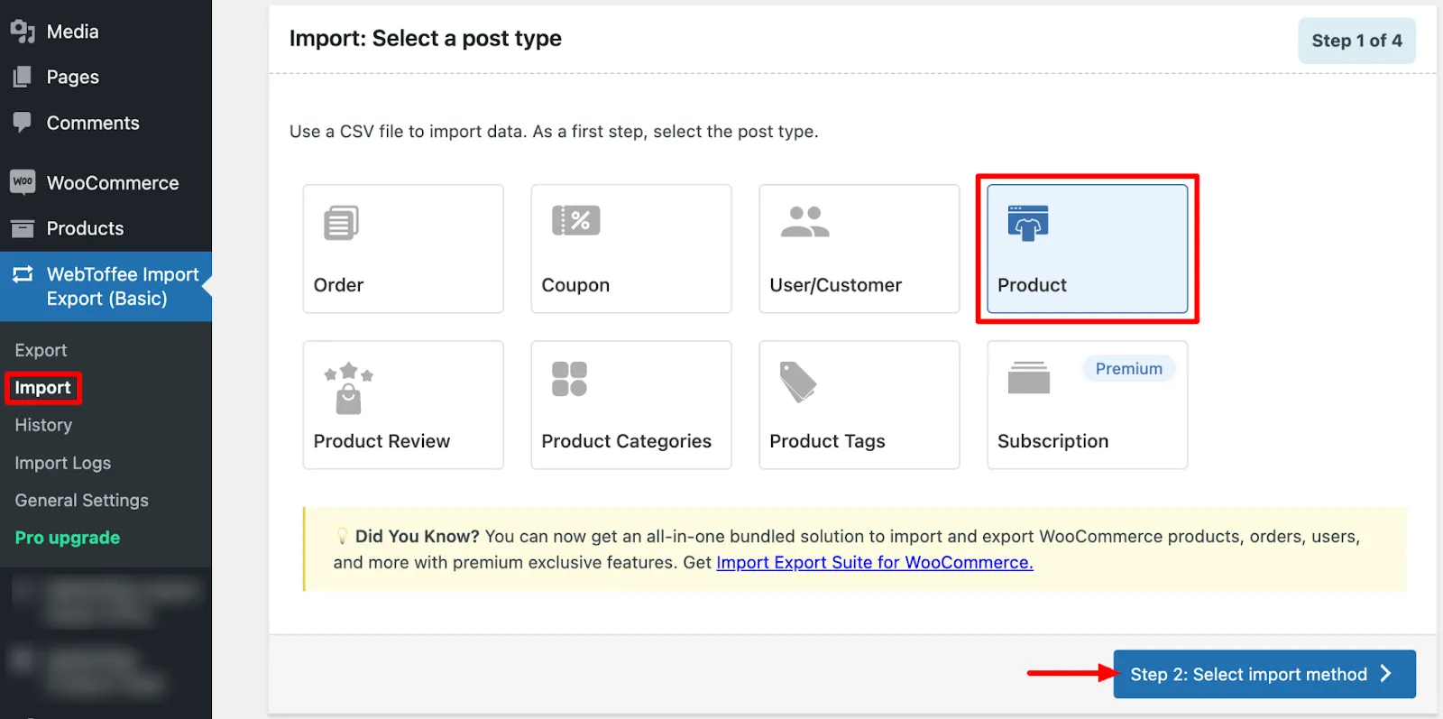 Selecting Product as the post type on the WebToffee Import screen