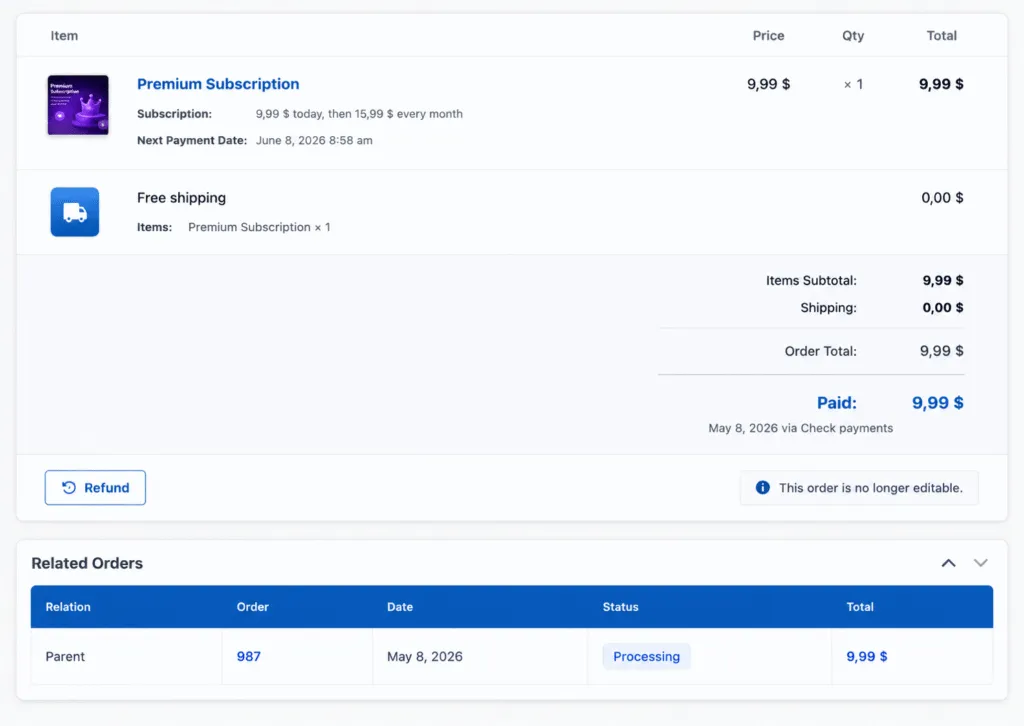 subscription admin order details