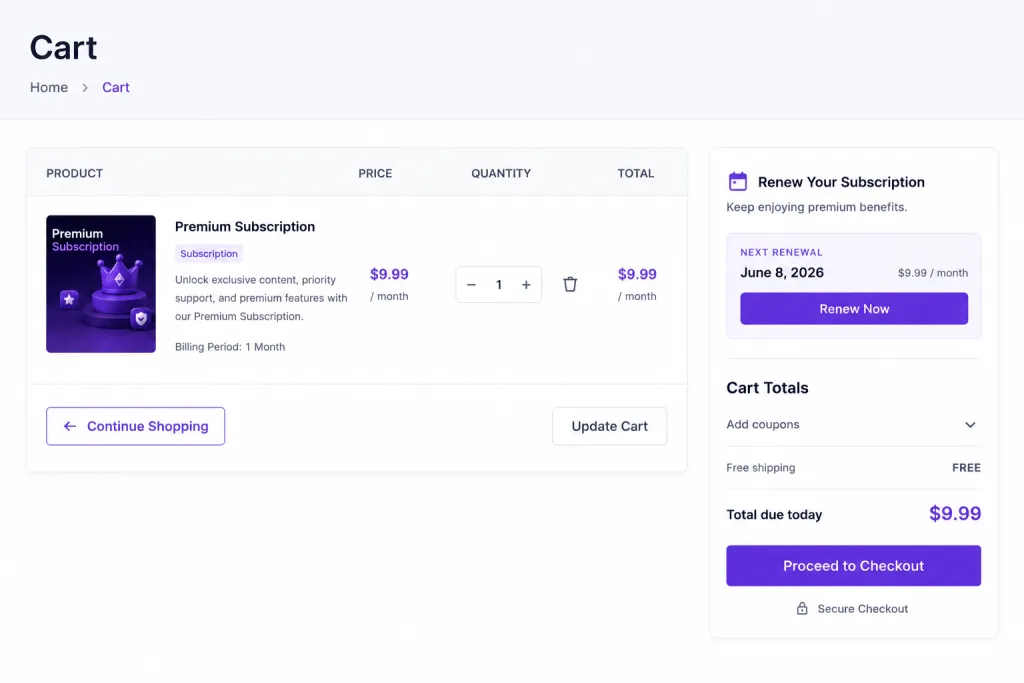 woo subscription detials cart